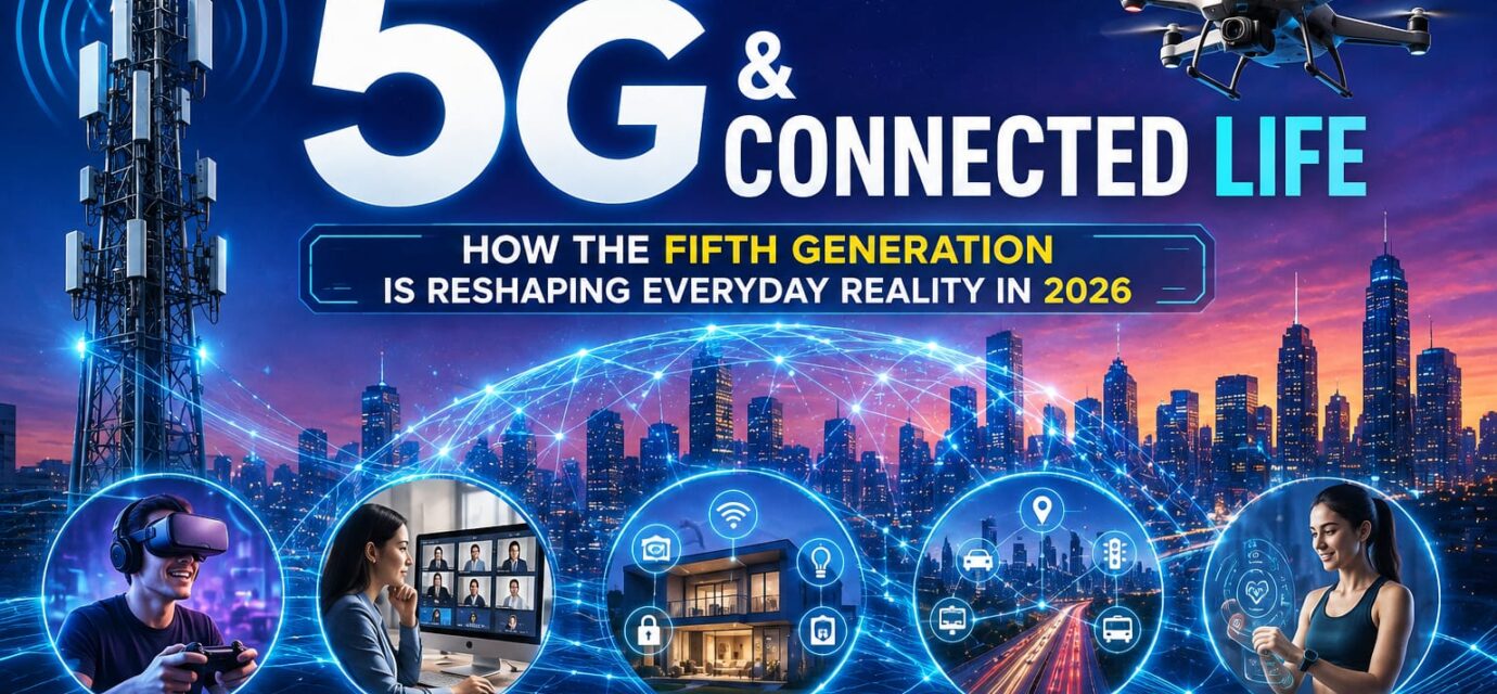 A futuristic 5G network connecting a smart city, drone, remote worker, smart home, gaming, IoT, and health technology, illustrating how 5G is reshaping everyday life in 2026.