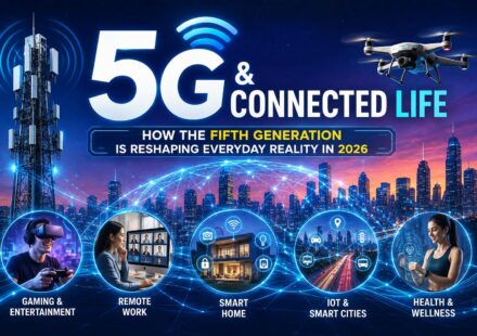 A futuristic 5G network connecting a smart city, drone, remote worker, smart home, gaming, IoT, and health technology, illustrating how 5G is reshaping everyday life in 2026.