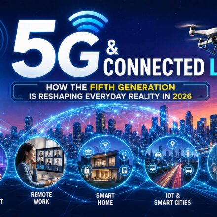 A futuristic 5G network connecting a smart city, drone, remote worker, smart home, gaming, IoT, and health technology, illustrating how 5G is reshaping everyday life in 2026.