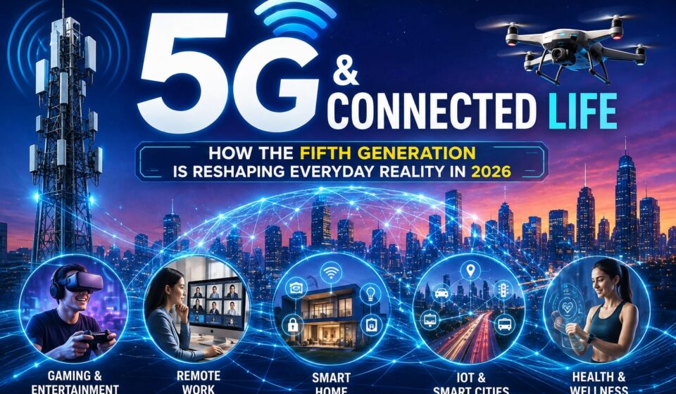 A futuristic 5G network connecting a smart city, drone, remote worker, smart home, gaming, IoT, and health technology, illustrating how 5G is reshaping everyday life in 2026.